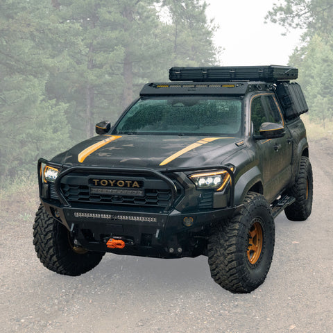 Cover photo for the C4 Overland bumper with the background faded away showing emphasis on the steel winch bumper for 4th Generation Tacoma models.