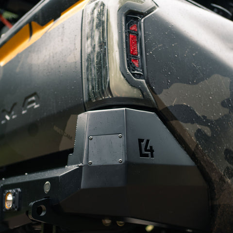 Quartering side view showing how the Overland Rear Bumper for the 4th Generation Tacoma from C4 hugs the body lines of the bed.