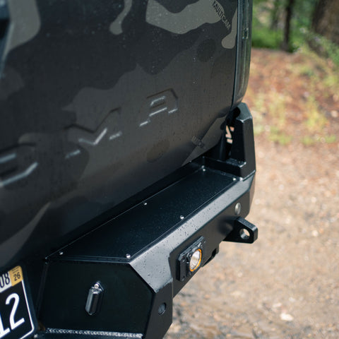 Close up view showing the robust tow points included in the C4 Overland rear bumper.
