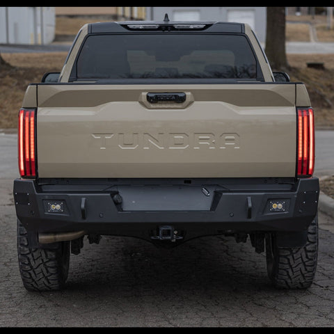 Rear view of the C4 Overland bumper installed on a 3rd Gen Toyota Tundra.