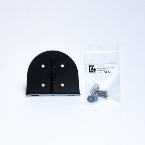 Close-up view of the parts included in C4's RotopaX mounting bracket to include steel mount with reinforcing gusset and mounting hardware.