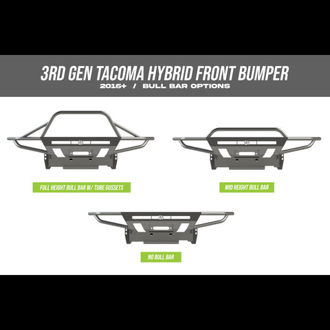 Three digital renderings showing the three bull bar options for the C4 Hybrid winch bumper – no bull bar, mid-height bull bar and full-height bull bar with tube gussets.