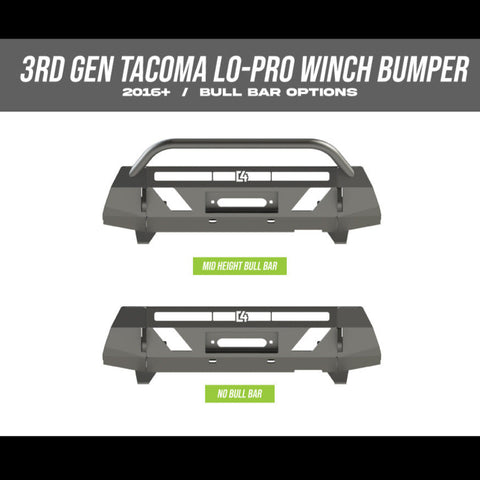 Digital renderings showing the two available bull bar options for the Tacoma Lo-Pro bumper, no bull bar and mid-height bull bar.