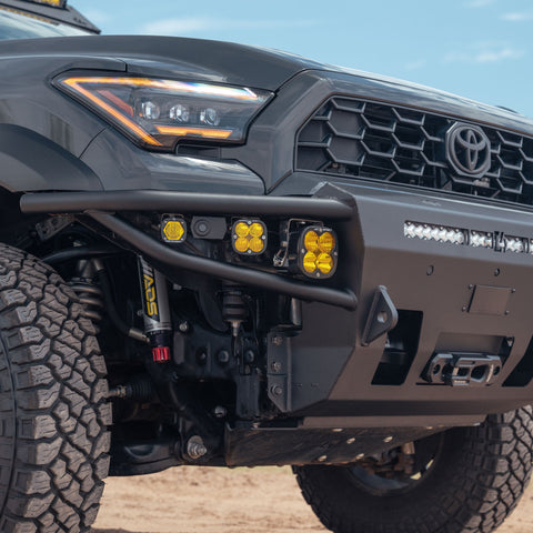 Side angle view of Baja Designs off road lights installed with 6th Gen 4Runner Hybrid Front Bumper by C4 Fabrication
