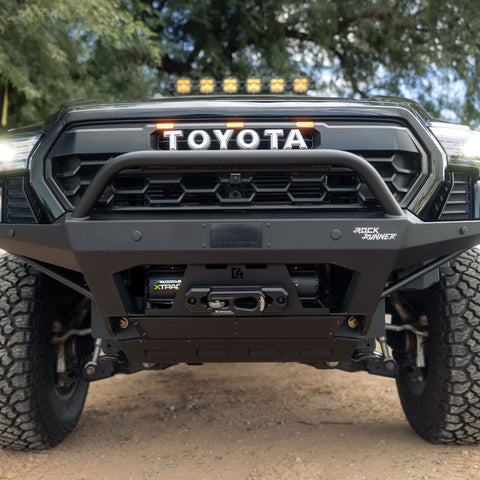 Close view of installed Tacoma Rock Runner Front Bumper 