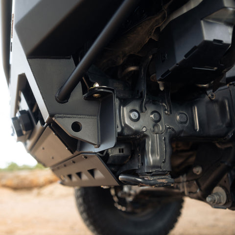 Underside view of Tacoma pickup with 2024+ Tacoma Rock Runner Front Bumper installed