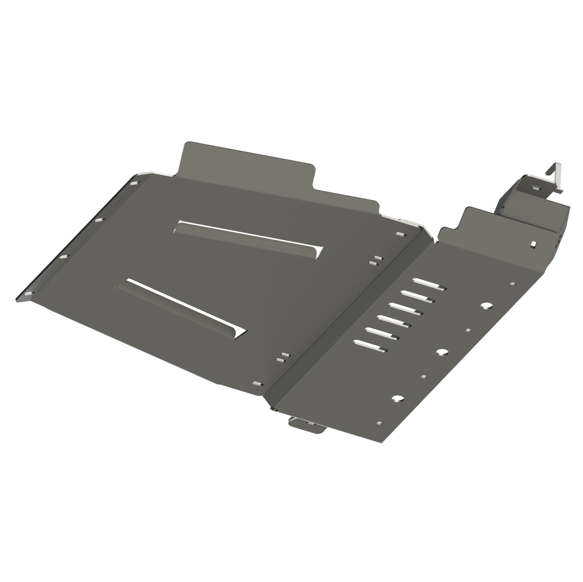 Digital rendering showing the bottom of the C4 rear skid plate set including mounting crossmember and venting holes.