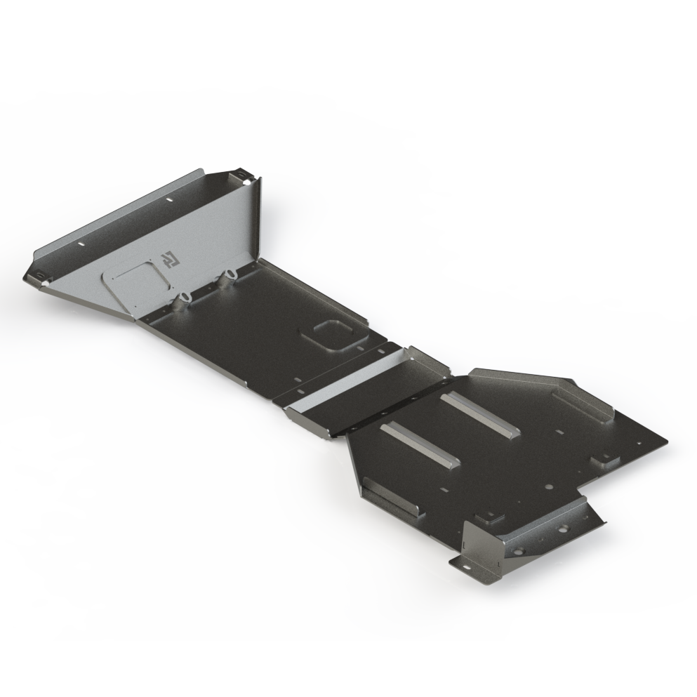 Inside view of a digital rendering of the full skid plate system for the 4th Gen Tacoma Hybrid showing the internal structure and reinforcements.