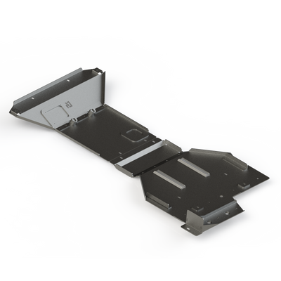 Inside view of a digital rendering of the full skid plate system for the 4th Gen Tacoma Hybrid showing the internal structure and reinforcements.