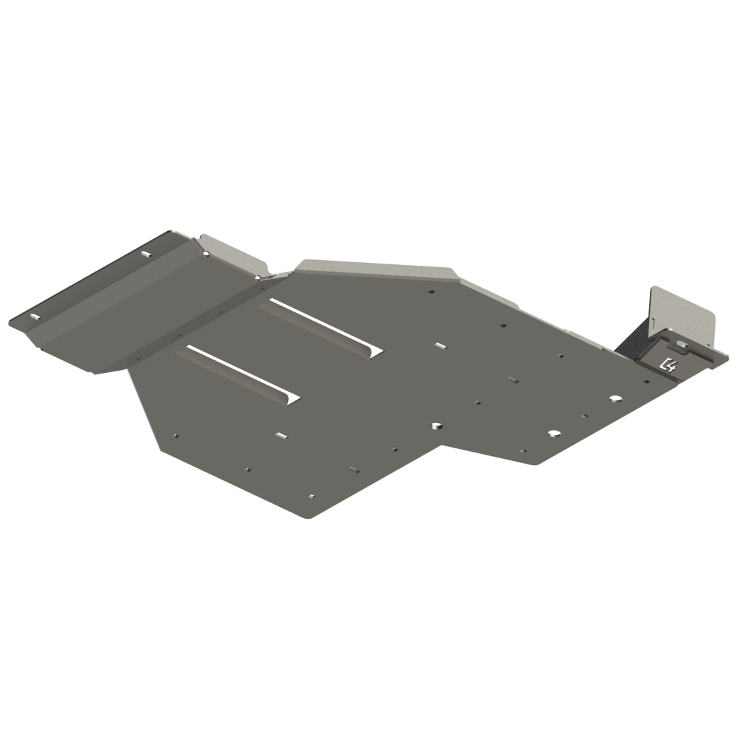 Digital rendering showing the C4 rear skid plate for the Land Cruiser LC250 from the bottom.