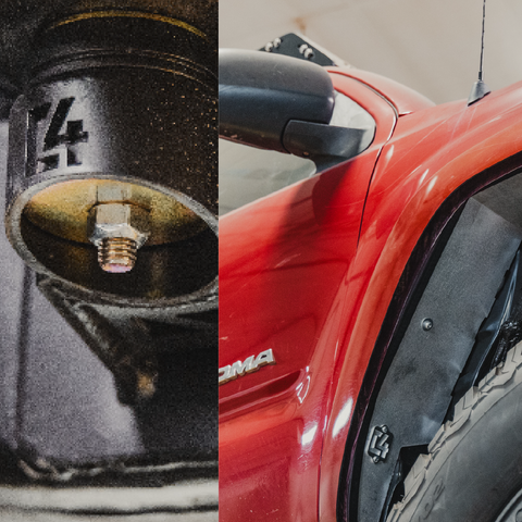 Combined photo of the Body Mount Relocation Kit and High Clearance Fender Liners from C4 Fabrication.