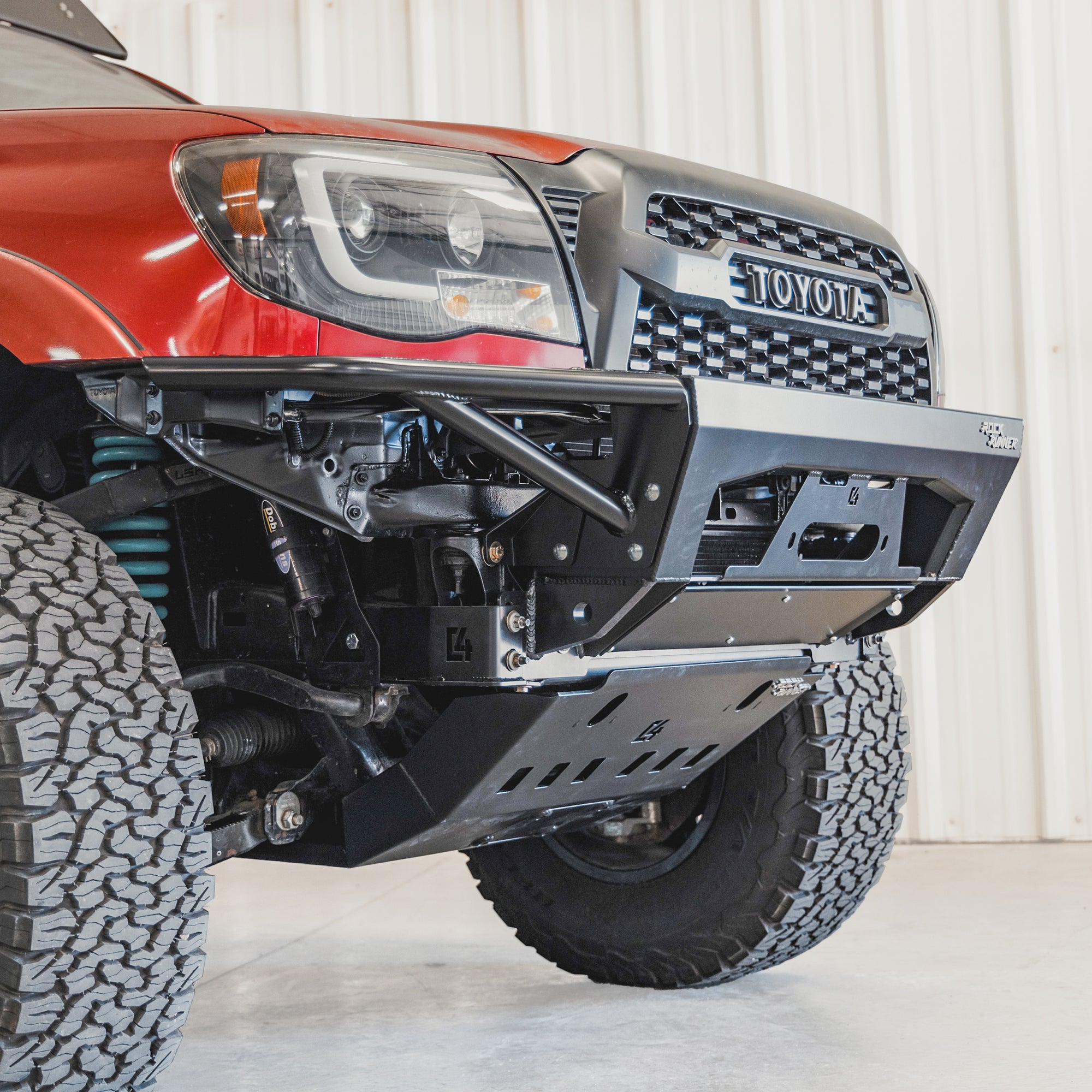 Cover photo of the C4 Rock Runner front bumper for the 2nd Gen Tacoma with emphasis on the vehicle and bumper and the background faded out.