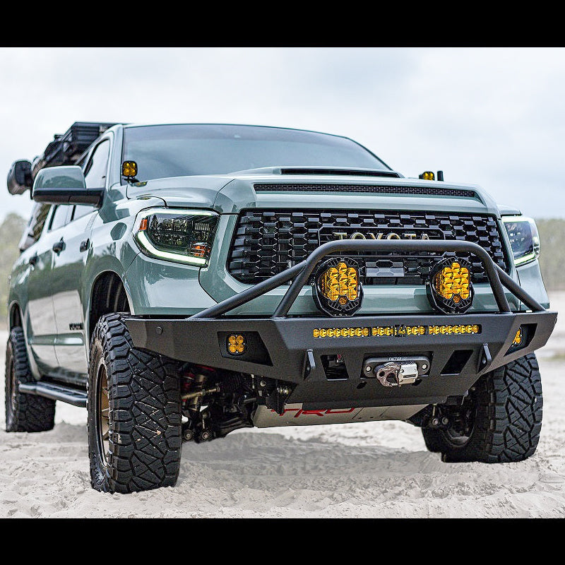 Cover photo for the C4 Overland front winch bumper for the late 2nd Gen Tundra with the background faded out and emphasis on the bumper and truck.