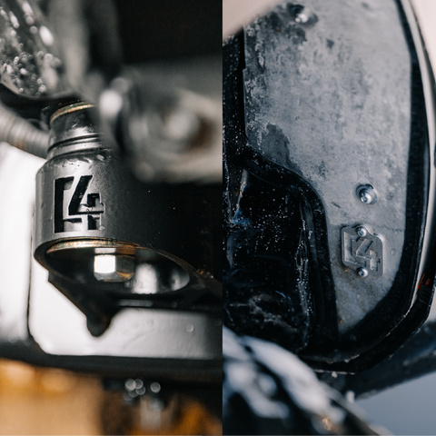 Composite photo showing both the High Clearance Fender Liner kit and the Body Mount Relocation bracket that comprise the Oversize Tire Fitment Kit.
