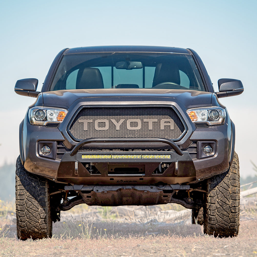 Manufacturer photo of C4's low-profile winch bumper on a third-generation Tacoma.