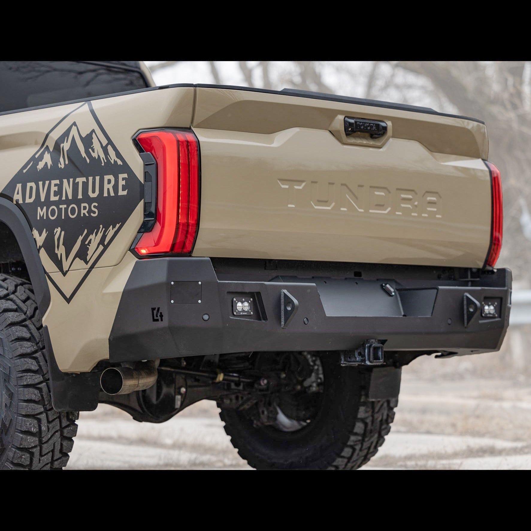 Cover photo of the C4 Overland rear bumper for the 3rd Generation Tundra with the background faded out and emphasis on the truck and bumper.