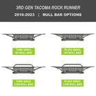 Collection of digital renderings showing the tube side and bull bar options for the 3rd Gen Tacoma Rock Runner bumper from C4 Fabrication – tube side with no bull bar, tube side with low bull bar, plate side with no bull bar and plate side with low bull bar. 
