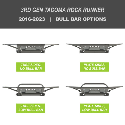 Collection of digital renderings showing the tube side and bull bar options for the 3rd Gen Tacoma Rock Runner bumper from C4 Fabrication – tube side with no bull bar, tube side with low bull bar, plate side with no bull bar and plate side with low bull bar. 