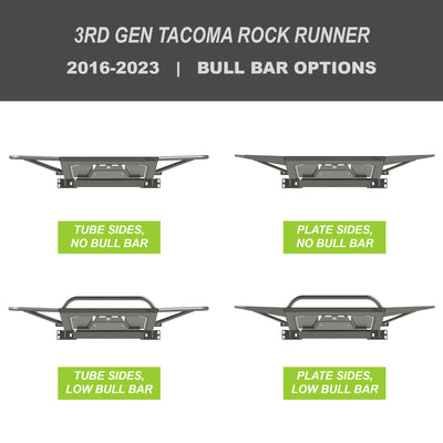 Collection of digital renderings showing the tube side and bull bar options for the 3rd Gen Tacoma Rock Runner bumper from C4 Fabrication – tube side with no bull bar, tube side with low bull bar, plate side with no bull bar and plate side with low bull bar.