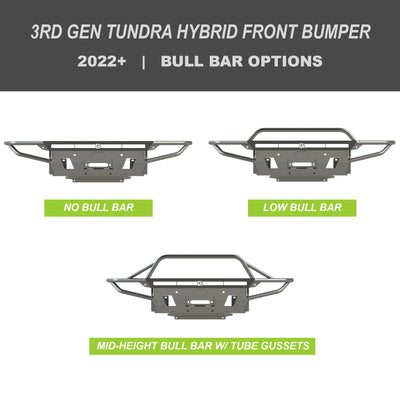 Digital renders showing the three bull bar options for the C4 Hybrid front winch bumper for the 2022+ Toyota Tundra – no bull bar, low bull bar and mid-height bull bar with tube gussets.