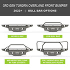 Collection of digital renderings showing the available bull bar options for the C4 Overland front bumper for the 3rd Gen Tundra – no bull bar, low bull bar, mid-heigh bull bar with tube gussets and full-height bull bar with headlight hoops. 