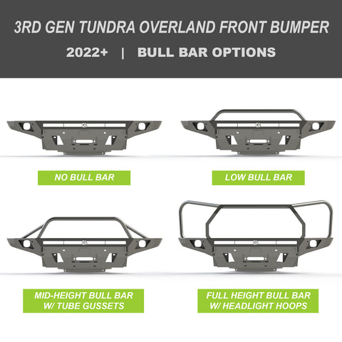 Collection of digital renderings showing the available bull bar options for the C4 Overland front bumper for the 3rd Gen Tundra – no bull bar, low bull bar, mid-heigh bull bar with tube gussets and full-height bull bar with headlight hoops. 