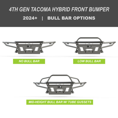 Compilation of digital renders showing the three bull bar options for the C4 Hybrid bumper for the 4th Gen Tacoma, to include no bull bar, low bull bar and mid-height bull bar with tube gussets.