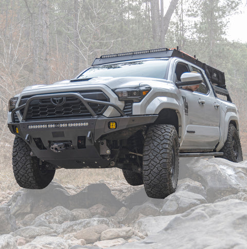 Cover photo for the C4 Overland bumper with the background faded away showing emphasis on the steel winch bumper for 4th Generation Tacoma models. 
