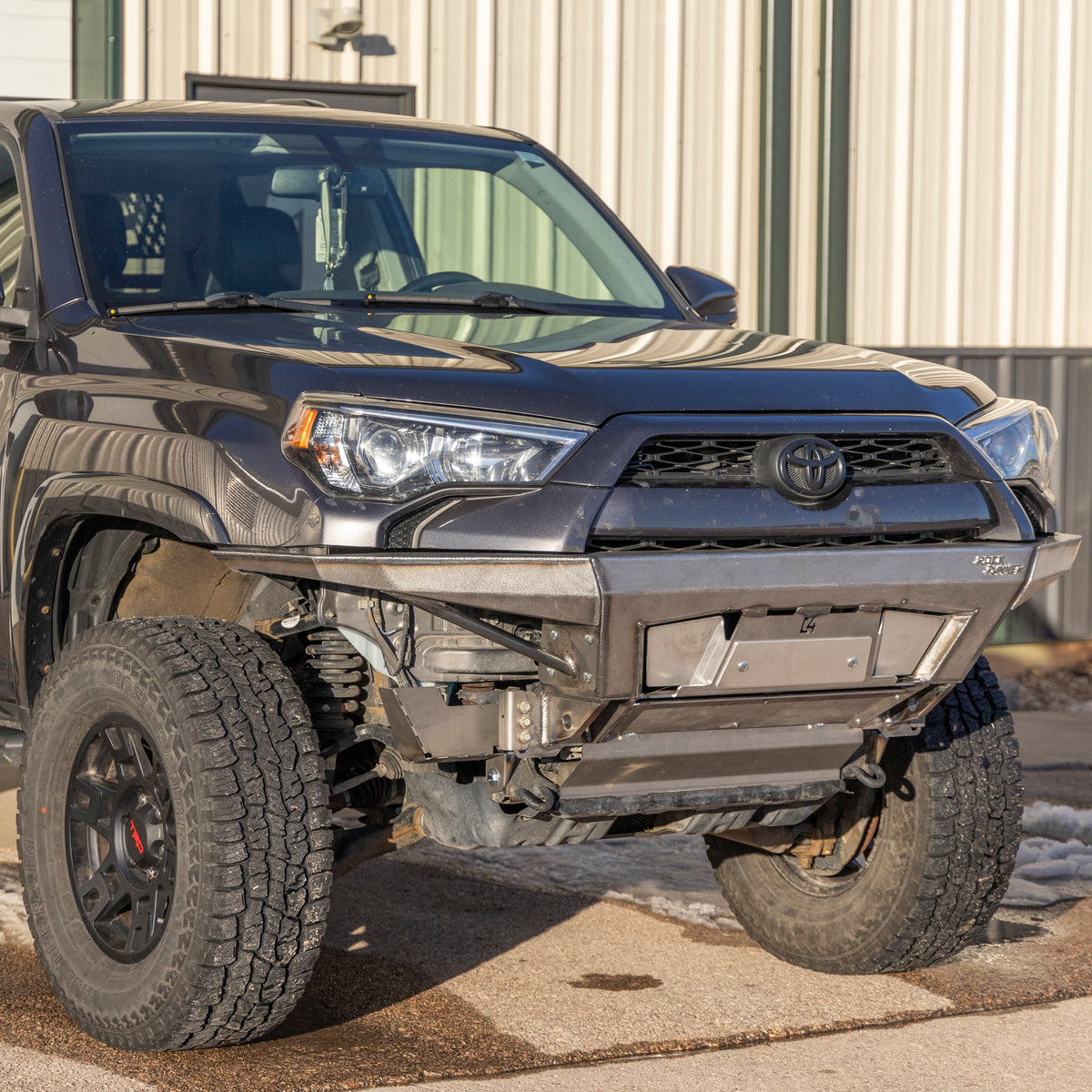 Passenger side angling view of the Rock Runner bumper with plate side wings for the 4Runner.