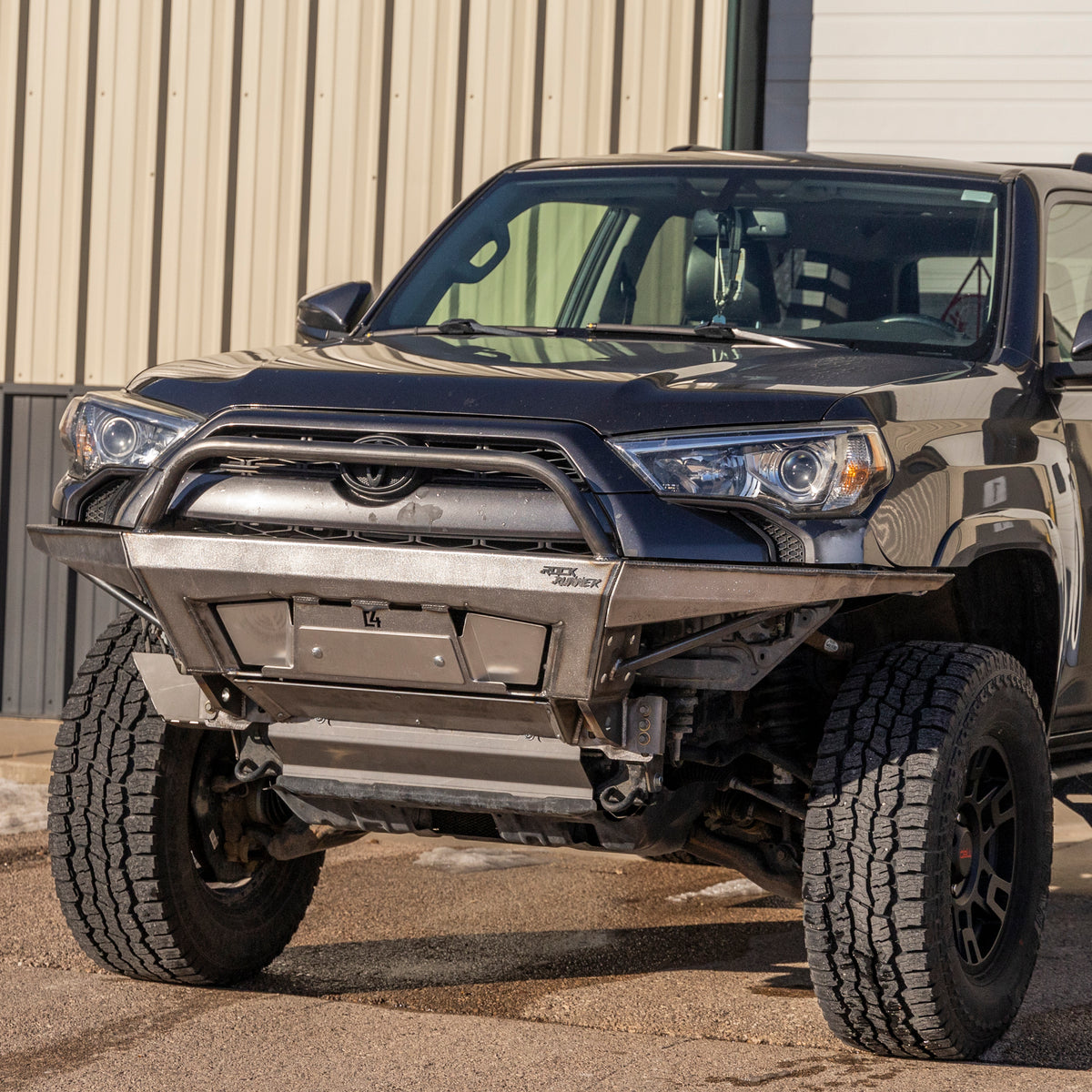 Front quartering view of the bull bar variant of the 4Runner Rock Runner bumper.