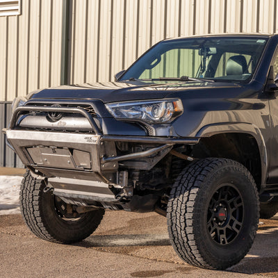 Driver's side angling view of the mid-heigh bull bar variant of the Rock Runner bumper that C4 manufactures for the 5th Generation Toyota 4Runner.