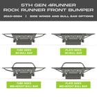 Collection of digital renderings showing the four options available on the C4 Rock Runner bumper for the 5th Gen 4Runner – tube sides with no bull bar, plate sides with no bull bar, tube sides with mid-height bull bar and plate sides with mid-height bull bar. 