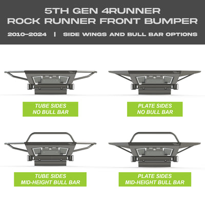 Collection of digital renderings showing the four options available on the C4 Rock Runner bumper for the 5th Gen 4Runner – tube sides with no bull bar, plate sides with no bull bar, tube sides with mid-height bull bar and plate sides with mid-height bull bar.