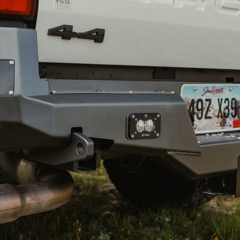 Low angle view showing the thick tow points included in the C4 Overland bumper for Tacomas.