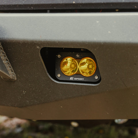 Close-up view of the available accessory Baja Designs S2 Sport lights that can be fitted to the C4 Lo-Pro bumper for the 4th Generation Tacoma.