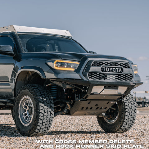 Front quartering view showing the extreme approach angle available with the C4 Rock Runner front bumper and its available Rock Runner front skid with Crossmember Delete.