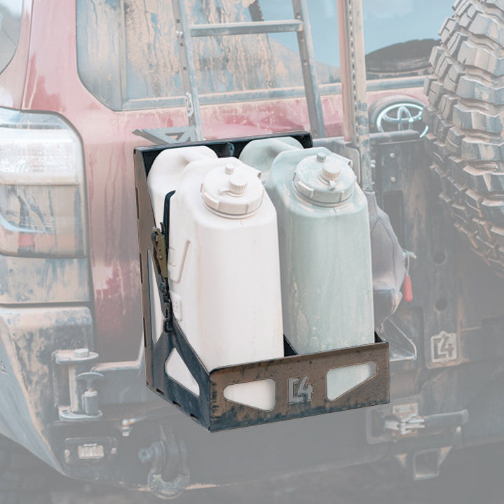 Cover photo for the dual jerry can carrier from C4 Fabrication with emphasis on the carrier and the background faded out.