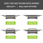 Collection of digital renderings showing the tube side and bull bar options for the early 2nd Gen Tacoma Rock Runner bumper from C4 Fabrication – tube side with no bull bar, tube side with low bull bar, plate side with no bull bar and plate side with low bull bar. 