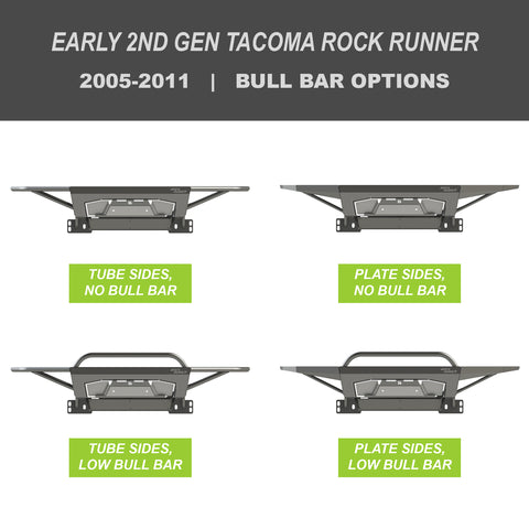 Collection of digital renderings showing the tube side and bull bar options for the early 2nd Gen Tacoma Rock Runner bumper from C4 Fabrication – tube side with no bull bar, tube side with low bull bar, plate side with no bull bar and plate side with low bull bar. 