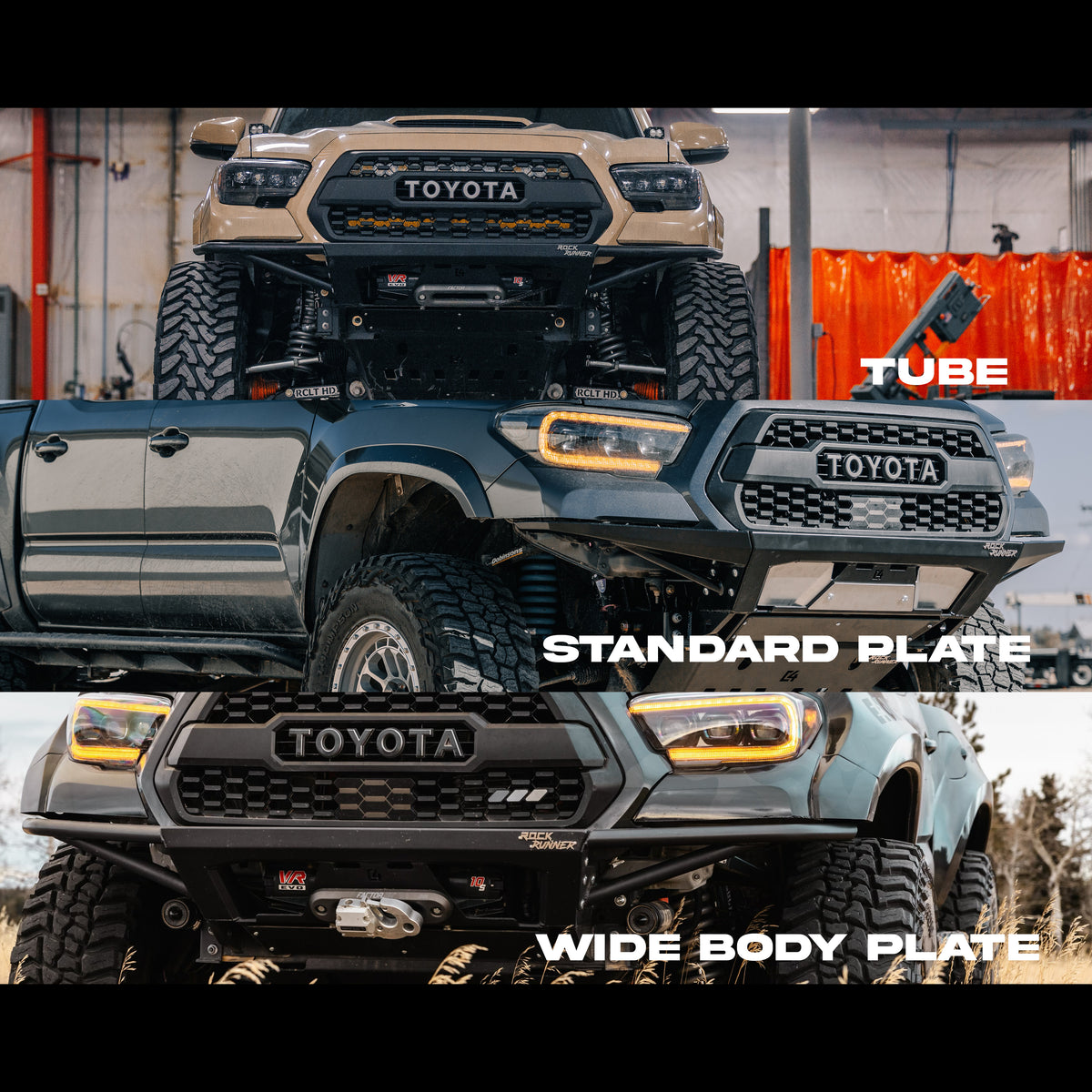 Composite of three photos showing the C4 Rock Runner bumper for Tacoma with tube sides, standard plate sides and wide body plate sides.