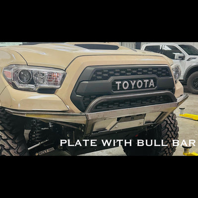 View of a C4 Rock Runner Tacoma bumper with plate sides and bull bar in raw metal – the form all C4 bumpers ship to consumers.