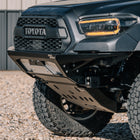Quartering front angle showing the smooth transition from the C4 Rock Runner front bumper to the C4 Rock Runner front skid plate with the front crossmember delete. 