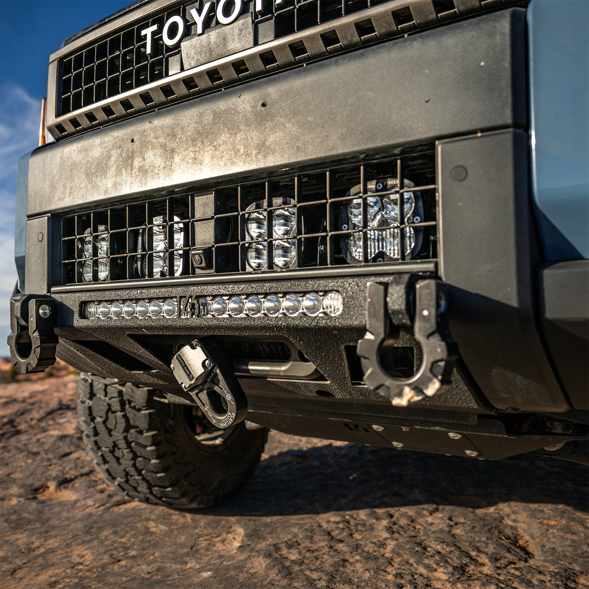 Close-up of an installed C4 Lo-Pro winch bumper from C4 Fabrication.