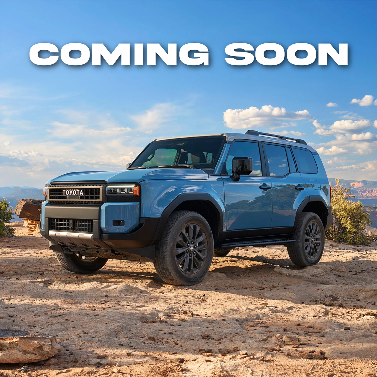 Graphic with a blue Land Cruiser LC250 on it with the words, 'Coming Soon' regarding C4's pending development of additional armor options for the LC250.