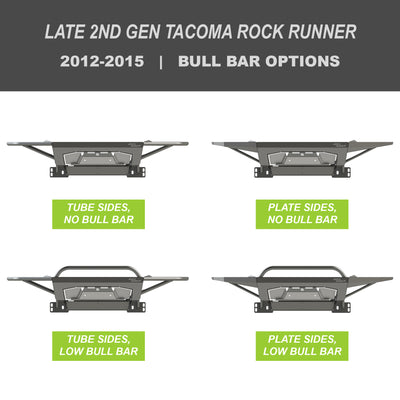 Collection of digital renderings showing the tube side and bull bar options for the late 2nd Gen Tacoma Rock Runner bumper from C4 Fabrication – tube side with no bull bar, tube side with low bull bar, plate side with no bull bar and plate side with low bull bar.