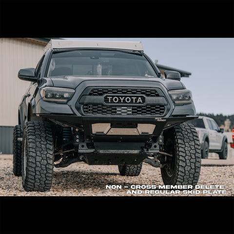 Front view of a Tacoma with no crossmember delete, showing how far down the crossmember and skid hang. 