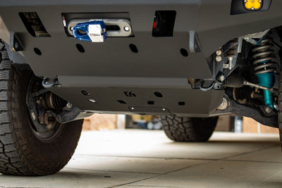 View from in front of a 4Runner showing the look of a full-finished and powder coated front skid plate from C4 Fabrications.