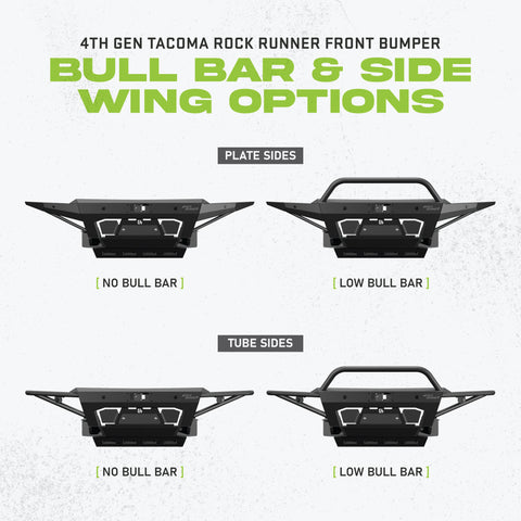 All options of the Tacoma Rock Runner Front Bumper, showing Plate Sides with and without bull bar option, and Tube sides with and without bull bar option