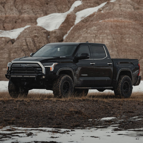 Black 2022 Tundra CrewMax equipped with a C4 Overland front bumper.
