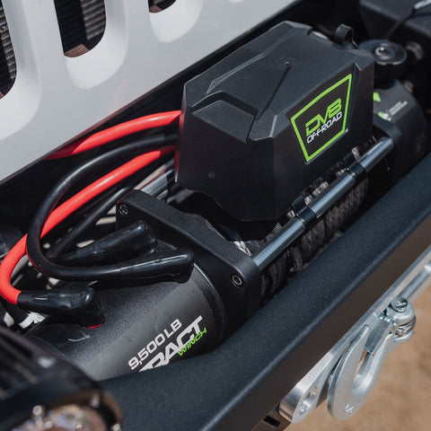 View of installed DV8 Xtract 9.5k Synthetic Rope Winch showing connections to winch with relocatable solenoid